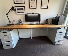 Large wooden desk with Ikea Alex drawers