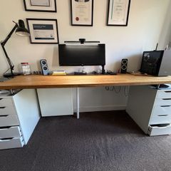 Large wooden desk with Ikea Alex drawers