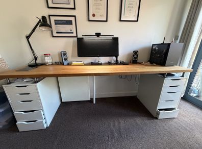 Large wooden desk with Ikea Alex drawers