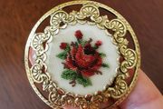 Vintage embroidery rose brooch / pendant