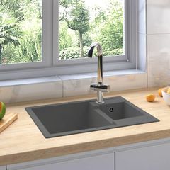Kitchen Sink with Overflow Hole Double Basins Grey Granite
