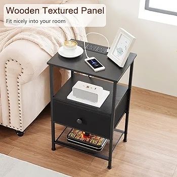 Bedside Table Set of 2 with Charging Station, Nightstand with Fabric Drawer, Small Side Table with Open Storage Shelf, Bedside Cabinets for Living Room, Bedroom, Small Space Black