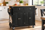 Black Kitchen Island Cart with Wooden Top, 4-Door Storage Cabinet, Drawers &amp; Wheels