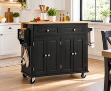 Black Kitchen Island Cart with Wooden Top, 4-Door Storage Cabinet, Drawers & Wheels