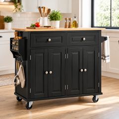 Black Kitchen Island Cart with Wooden Top, 4-Door Storage Cabinet, Drawers & Wheels