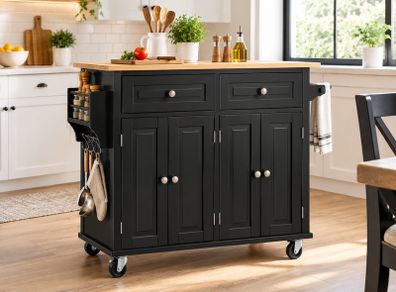 Black Kitchen Island Cart with Wooden Top, 4-Door Storage Cabinet, Drawers & Wheels