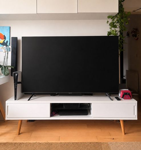 White TV Unit with Wooden Legs
