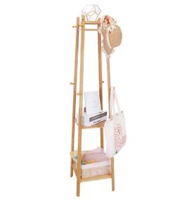 Bamboo Coat Rack Free Standing 2-Shelves Clothing Storage Garment Organizer Stand with 8 Hooks Clothes Poles 55kg Load-bearing f