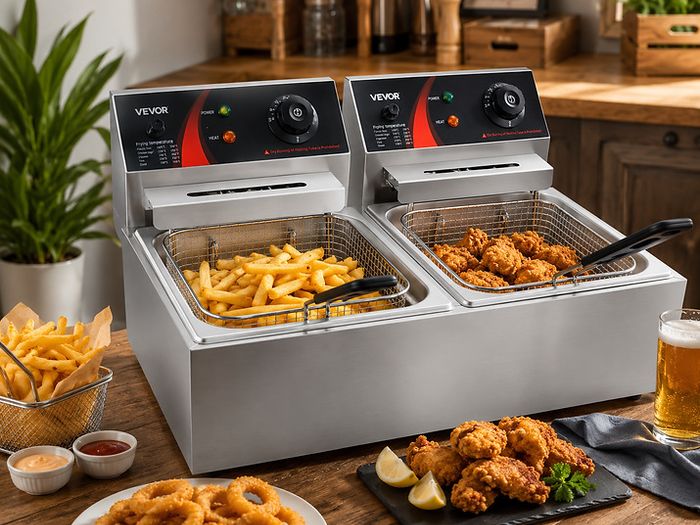 Commercial Deep Fryer 12L Electric Fryer 5000W Twin Basket YB-82 Dual Tank Electric Deep Fryer Countertop Stainless Steel French Fry for Commercial Uses