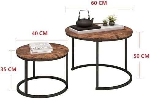 Round Coffee Table, Set of 2 Side Table Nesting Table with Steel Frame and Wooden Top, for Living Room, Bedroom, Balcony, (Rustic Brown/Black, Dia 60/40cm)