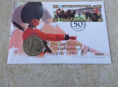 Queen Elizabeth II : Golden Wedding Anniversary - Gibraltar : Commemorative Stamp and Coin Cover - 1997