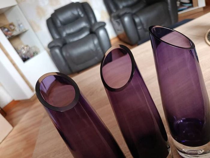Set of 3 vintage Swedish style purple glass vases in the manner of Aseda Glassbruk designed by Bo Borgstrom.