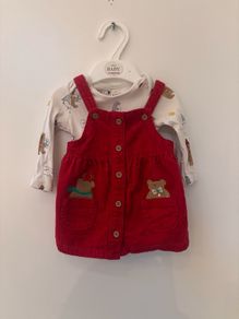Adorable M&S Baby Christmas 2-piece set, 0-3 months. Teddy print long sleeve top + red corduroy pinafore.