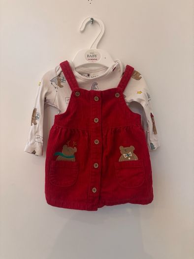 Adorable M&S Baby Christmas 2-piece set, 0-3 months. Teddy print long sleeve top + red corduroy pinafore.