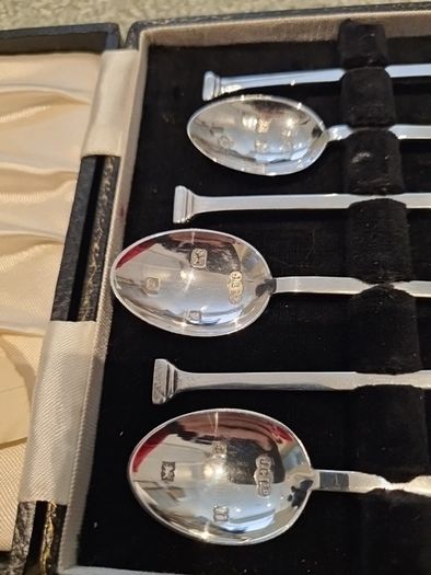 Rare Antique Cased Set of 6 Solid Sterling Silver Coffee Spoons. British Hallmarks Multi-Assay Set which Includes Closed Chester and Glasgow Marks