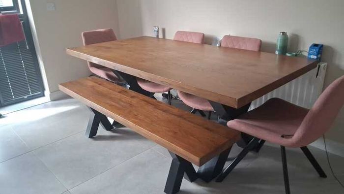 Solid oak dining table with bench