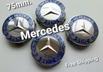 Mercedes Benz Classic 75mm Chrome / Blue 4 x Wheel Center Caps Cap Hub