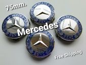 Mercedes Benz Classic 75mm Chrome / Blue 4 x Wheel Center Caps Cap Hub
