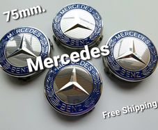 Mercedes Benz Classic 75mm Chrome / Blue 4 x Wheel Center Caps Cap Hub