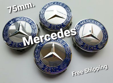 Mercedes Benz Classic 75mm Chrome / Blue 4 x Wheel Center Caps Cap Hub