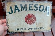 Jameson irish advertising whiskey metal repo sign  ,,buyer collects or pays postage thank you, lovely advertising display item, nice for home bar or man cave pub restaurant etc, or present, sold as seen .