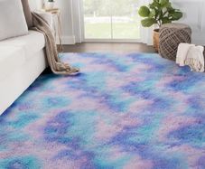 Small Soft Fluffy Tie-Dyed Shag Carpet, Non-Slip Washable Rug for Bedroom, Dorm, Kids Room, Lounge, Teal Purple, 90x150 cm