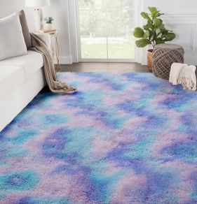 Small Soft Fluffy Tie-Dyed Shag Carpet, Non-Slip Washable Rug for Bedroom, Dorm, Kids Room, Lounge, Teal Purple, 90x150 cm