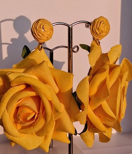 Realistic Yellow Extravagant Rose with Raffia Woven Stud Earrings