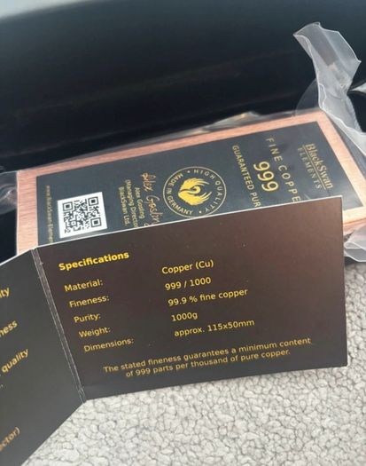 Black Swan 1kg Pure Copper bar. Fine copper bar