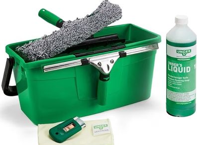 Window Cleaning Kit PRO Set Power Washer Sleeve, ErgoTec Squeegee, Bucket 12L, Liquid Glass Cleaner 1L, Safety Glass Scraper, Microfibre Cloth - Professional Window Cleaner Equipment
