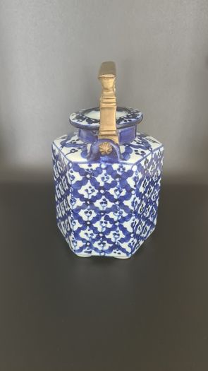 Teapot Blue White Hexagon Shape Brass Handle Floral