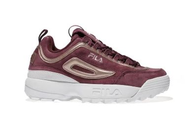 womens Fila Disruptors burgundy & gold suede