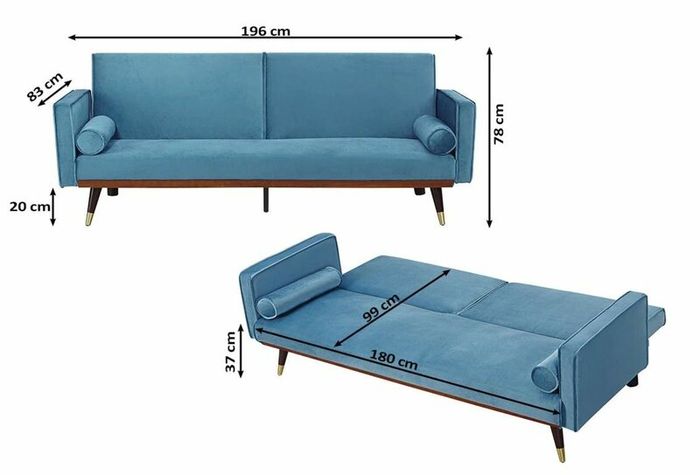 3-Seater Sofa Bed with Gold Legs , Blue velvet