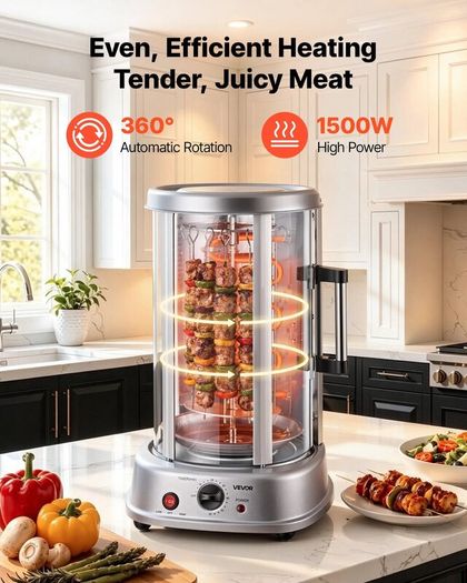 Countertop Vertical Rotating Oven 11.5L Rotisserie Shawarma Machine, 1500W Kebab Grill Roaster with Heat-Resistant Door, Drip Tray, and Timer Control, Kebab Rack with 7 Skewers