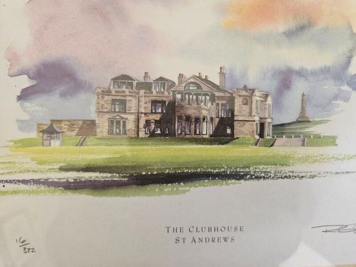 2 matching framed St Andrews 100th anniv golf prints. Printed on 100% linen board using lightfast inks