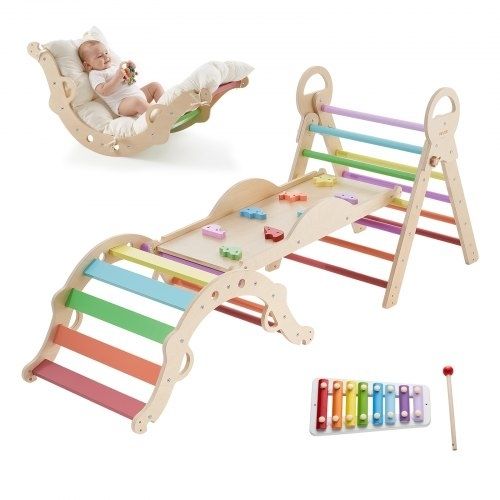 Pikler Triangle Set, 9-in-1 Toddler Climbing Toys Indoor, with Xylophone, Cushion, Triangle, Arch, and Ramp, 68 kg Load, Foldable Montessori Climbing Set for Toddlers and Kids, Rainbow