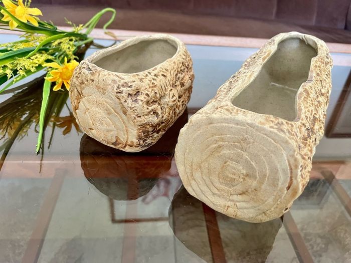 Vintage Set MCM Plant Pots x 2 Bark Pattern Stoneware Succulent Bonsai Planter 1950s
