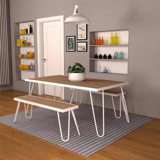 Novogratz Paulette Dinning set 1 Table with 2 Benches Metal Frame 88192WNOEUK White