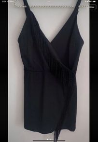 Black playsuit wrap effect with fringing large