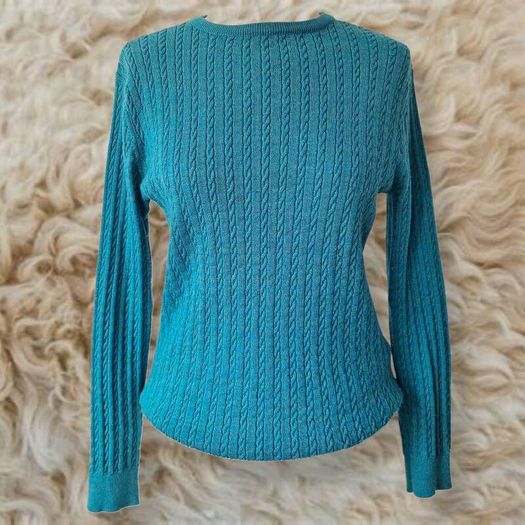 Castle of Ireland teal green cable knit wool jumper. Size 10-12. e90 RRP