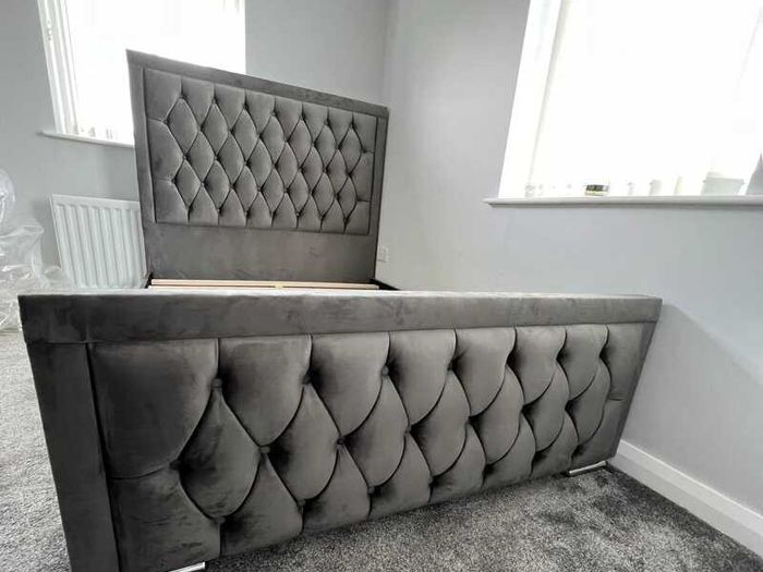Ottoman Winged Panel Plush Velvet Upholstered Bed Frame Double & King Size Bed