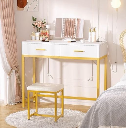 36 Inch Vanity Desk with Mirror and Drawers, Vanity Table and Stool, Dressing Table with Lights and Socket Strip for Bedroom, Gold