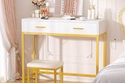36 Inch Vanity Desk with Mirror and Drawers, Vanity Table and Stool, Dressing Table with Lights and Socket Strip for Bedroom, Gold