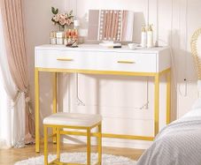 36 Inch Vanity Desk with Mirror and Drawers, Vanity Table and Stool, Dressing Table with Lights and Socket Strip for Bedroom, Gold