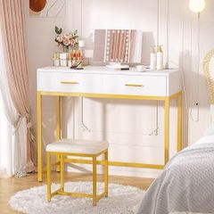 36 Inch Vanity Desk with Mirror and Drawers, Vanity Table and Stool, Dressing Table with Lights and Socket Strip for Bedroom, Gold