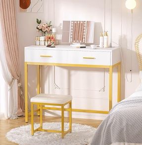 36 Inch Vanity Desk with Mirror and Drawers, Vanity Table and Stool, Dressing Table with Lights and Socket Strip for Bedroom, Gold