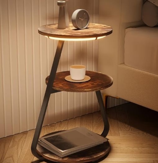 Small Round Coffee Table with 3 Color LED Lights, End Table with 3 Tier Storage Shelves, Bedside Sofa Side Tables for Living Room Bedroom, Rustic Brown