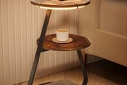 Small Round Coffee Table with 3 Color LED Lights, End Table with 3 Tier Storage Shelves, Bedside Sofa Side Tables for Living Room Bedroom, Rustic Brown