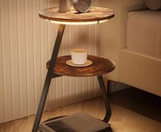 Small Round Coffee Table with 3 Color LED Lights, End Table with 3 Tier Storage Shelves, Bedside Sofa Side Tables for Living Room Bedroom, Rustic Brown