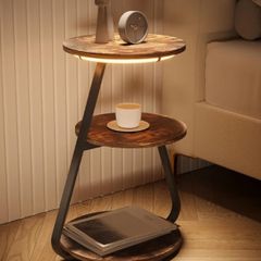 Small Round Coffee Table with 3 Color LED Lights, End Table with 3 Tier Storage Shelves, Bedside Sofa Side Tables for Living Room Bedroom, Rustic Brown